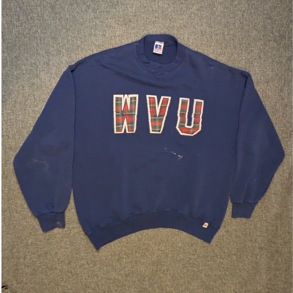 Vintage Russell West Virginia University WVU Sweatshirt XL Navy Blue Plaid Logo